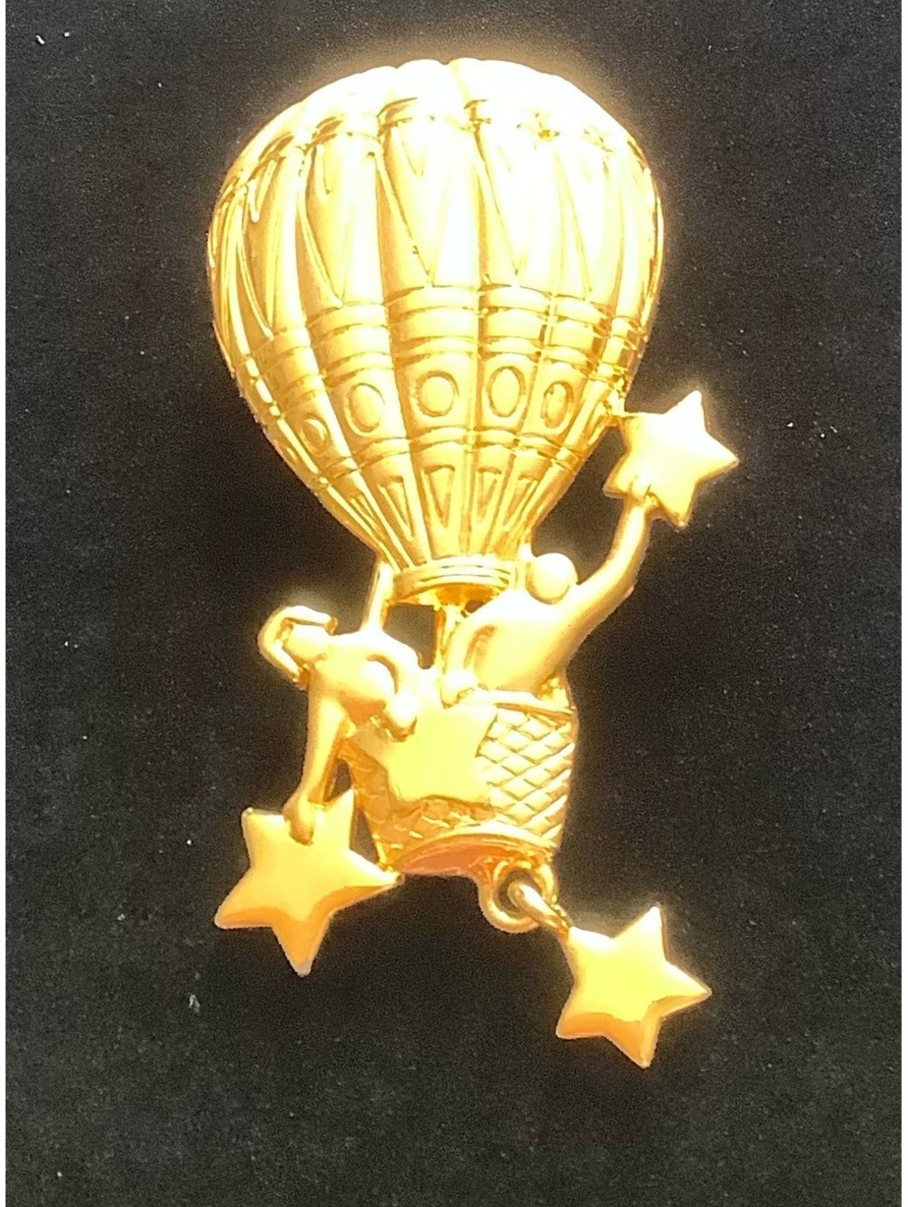 Vintage JJ Jonette Hot Air Balloon Brooch Gold Tone Stars Figural Pin